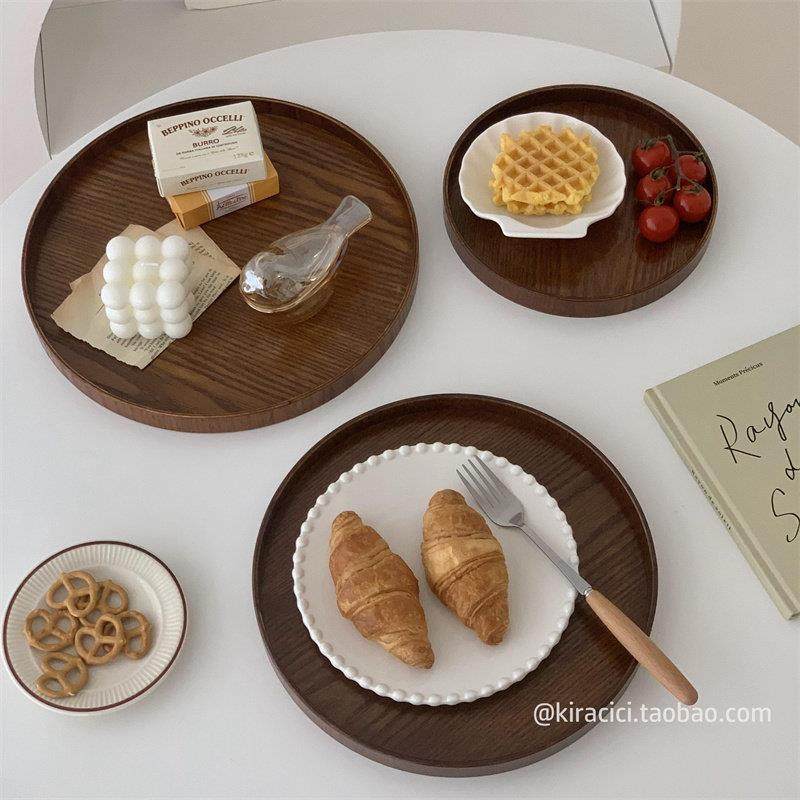 复古圆形木质托盘茶盘桌面餐具水杯收纳盘摆件家用餐盘餐具水果盘,餐饮具,餐用托盘,淘宝优惠券,粉丝福利购,淘宝优惠卷