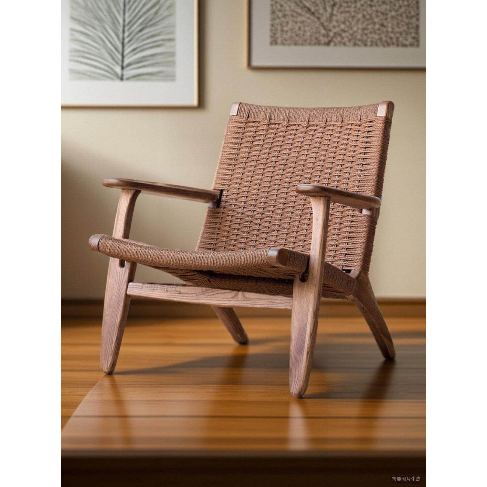 马鞍椅北欧实木复古单人沙发民宿酒店中古绳编折叠椅子靠背椅藤椅,住宅家具,阳台椅,淘宝优惠券,粉丝福利购,淘宝优惠卷