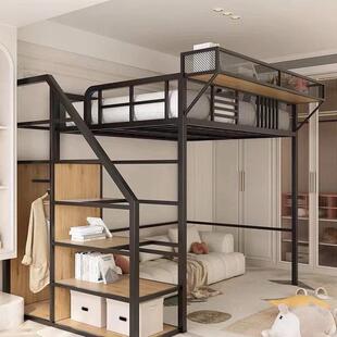 铁艺高架床单上层上床复式空间下桌铁架床二楼小户型阁楼床高低