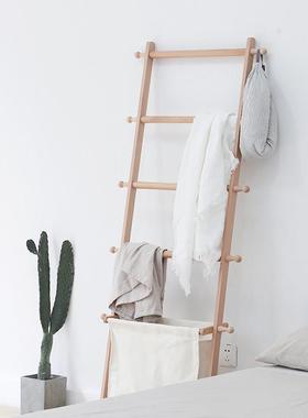 TTU床形边梯子挂衣物架俩用木落地卧室北欧实梯衣帽架靠墙浴室梯