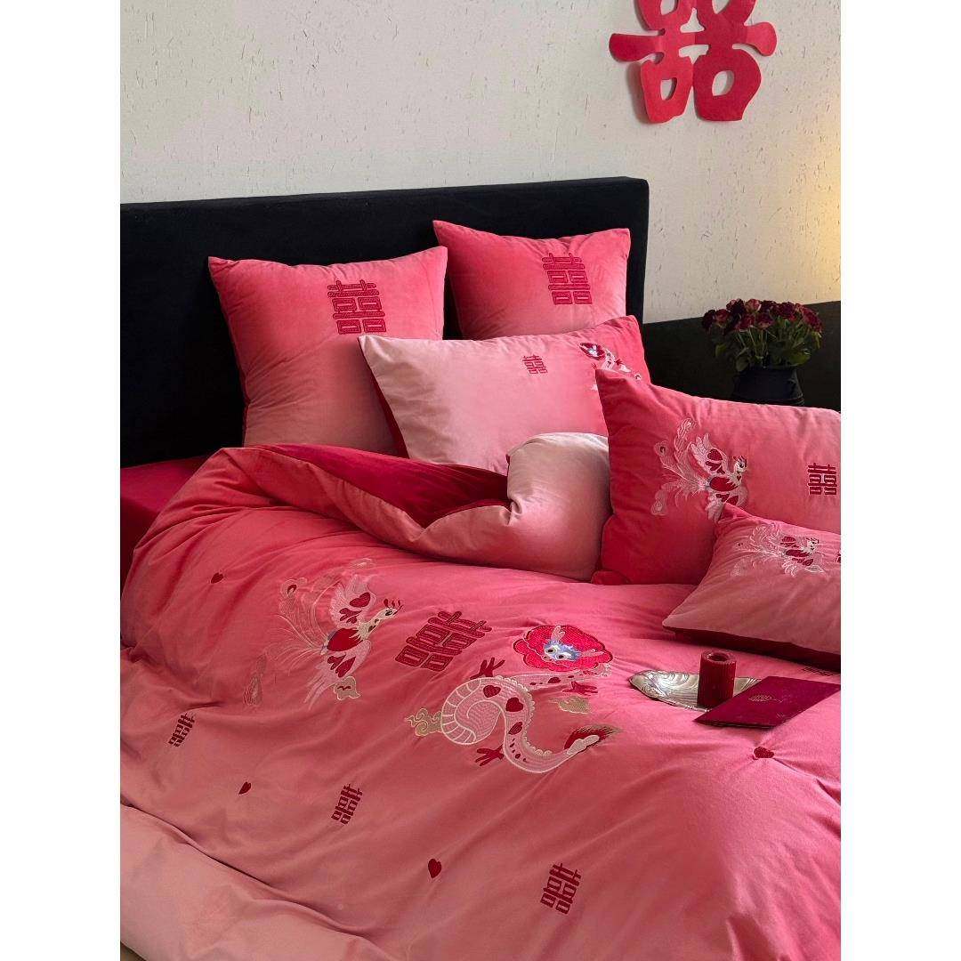 庆龙绒凤刺季绣加厚牛奶绒四件套冬保暖JGJ婚珊瑚结婚喜被套床笠,床上用品,婚庆床品套件,淘宝优惠券,粉丝福利购,淘宝优惠卷