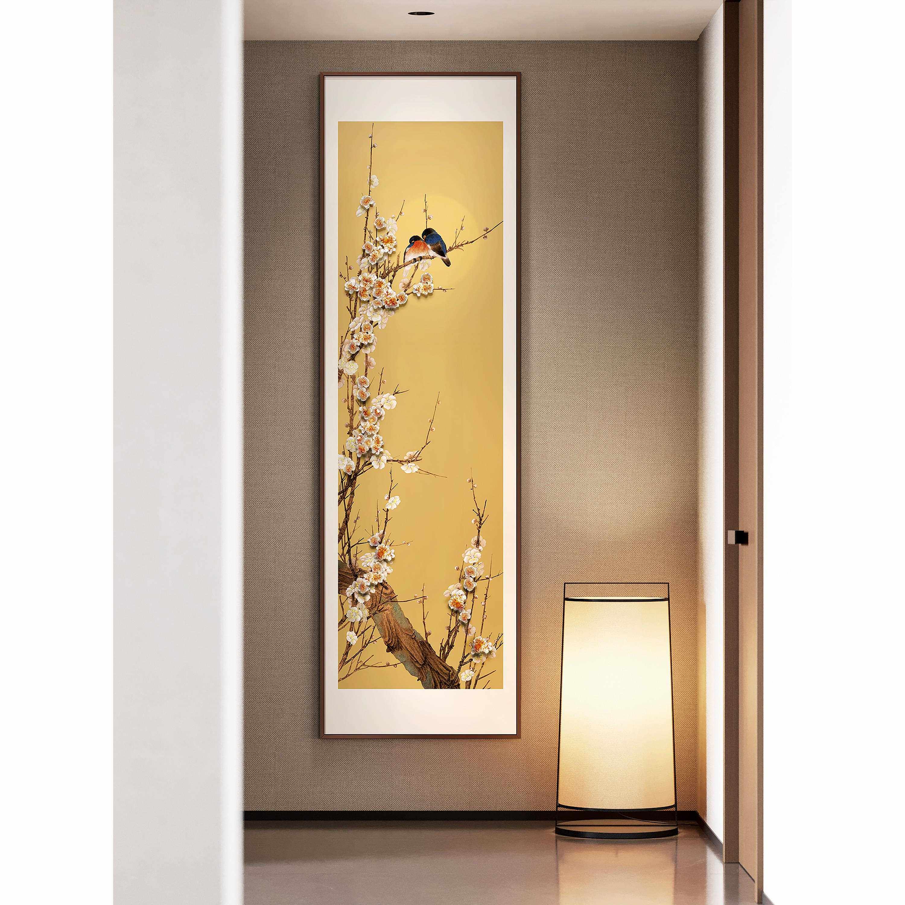 新中国风入口竖体大厅装饰画喜XLU鹊登酒店餐厅过道走美廊版实立