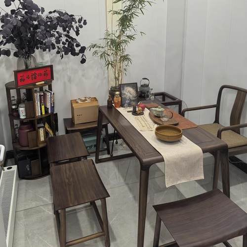 阳茶桌椅组新中式实木禅意功茶夫泡台北美黑胡桃木色一台米合茶桌