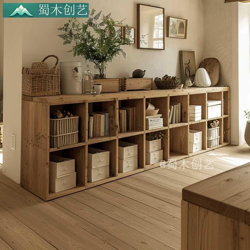 法式田园实木方格柜复古老榆木长形矮地柜格子储物柜书架儿童书柜