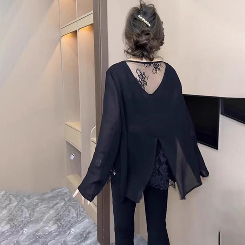 蕾丝拼接假两件镂空防晒衣女夏季轻薄微透网纱罩衫遮肚子雪纺上衣