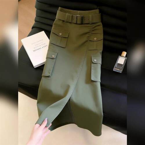 工装风军绿色半身裙女潮流百搭超好看高腰显瘦多口袋宽松百搭长裙