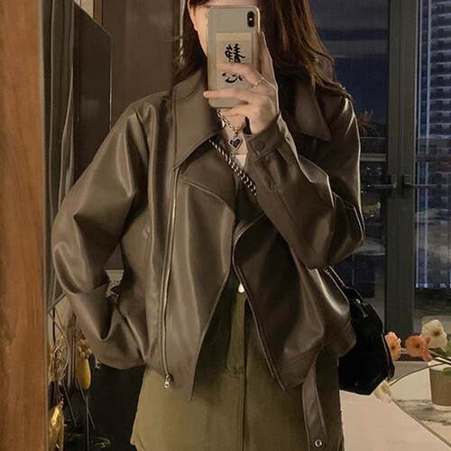 美式复古港风夹克皮衣外套秋季高级感机车服PU皮宽松显瘦长袖上衣
