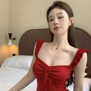 辣妹红色方领显胸背心女主播衣服甜辣少女纯欲蝴蝶结花边吊带上衣