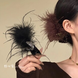 原创【氛围羽伶】绝美黑色羽毛发夹后脑勺半扎发香蕉夹发卡