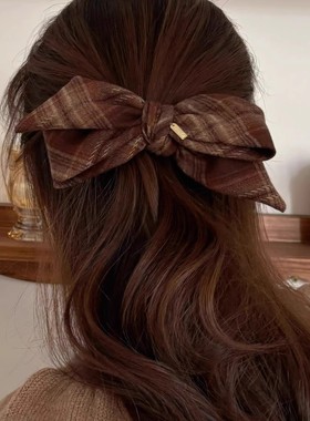 洋气又复古~格子毛呢蝴蝶结懒人夹后脑勺盘发夹减龄少女心发卡