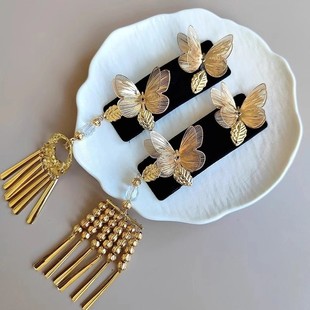 金色蝴蝶流苏发夹女秋冬新中式夹子古风国风汉服刘海侧边夹发饰品
