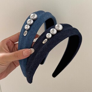 优雅灰珍珠宽面牛仔发箍女复古法式高级感蓝色头箍发卡