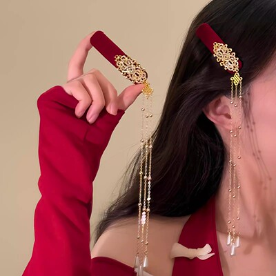 新中式红色金流苏发夹女新年发饰国风新娘侧边刘海夹头饰