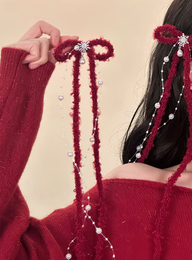 圣诞恋歌 红色蝴蝶结珍珠飘带发夹鸭嘴夹圣诞节新年节日发饰头饰