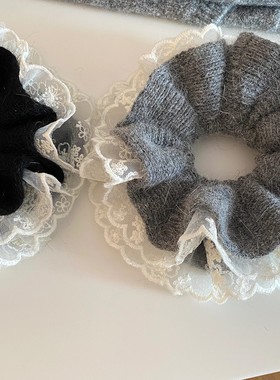 韩系灰色兔毛蕾丝针织大肠发圈女慵懒风扎头发超大号发饰头绳秋冬