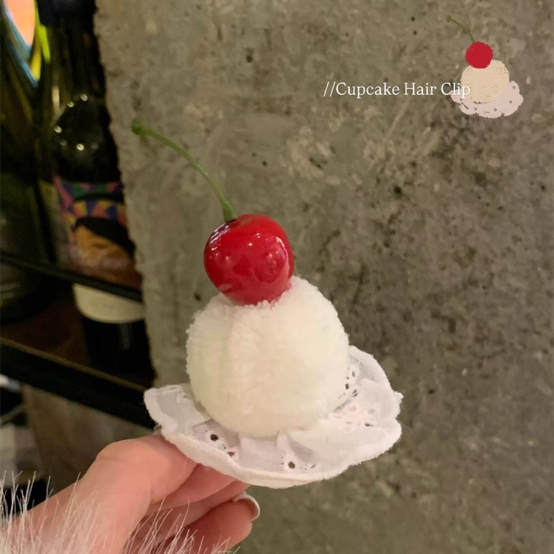 可爱樱桃小蛋糕蕾丝毛球发夹女侧边鸭嘴夹子头饰生日拍照发卡秋冬