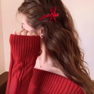 红色闪钻蝴蝶结发夹女前额刘海夹头饰2026新款高端新年侧边夹发卡