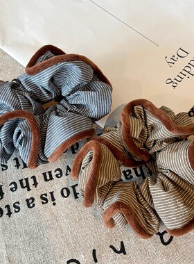 蓝色条纹撞咖色边边甜美风朋克风原创设计女日韩发绳欧美风发圈