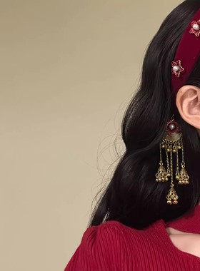 新中式红色丝绒发箍复古民族风铃铛发箍新中式民族风头箍发饰