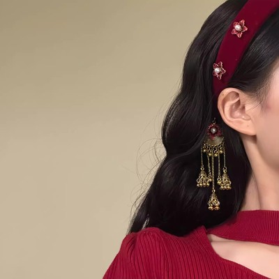 新中式红色丝绒发箍复古民族风铃铛发箍新中式民族风头箍发饰