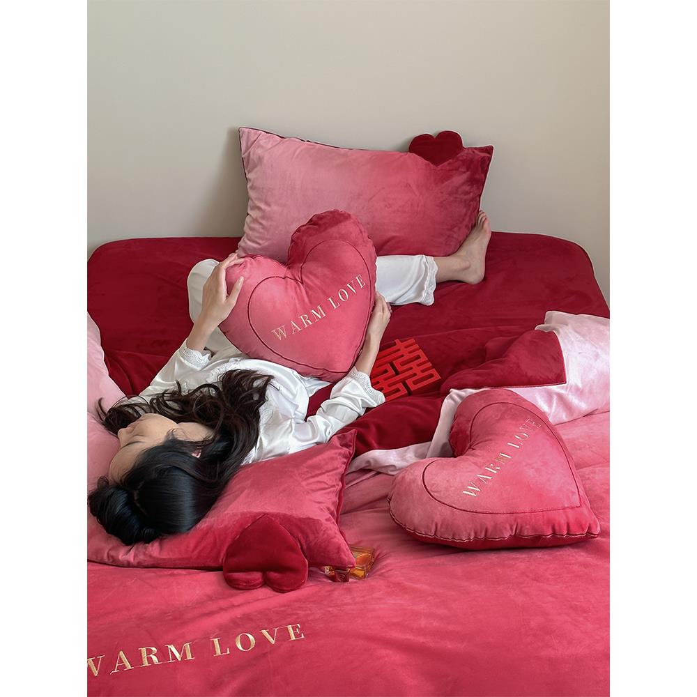 ins风冬季保暖渐变色牛奶绒被套宝宝绒双人床单红色结婚庆四件套