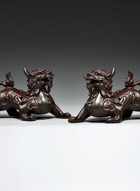 黑檀木雕貔貅摆件实木一对家居客厅电视柜装饰送礼工艺礼品摆饰创