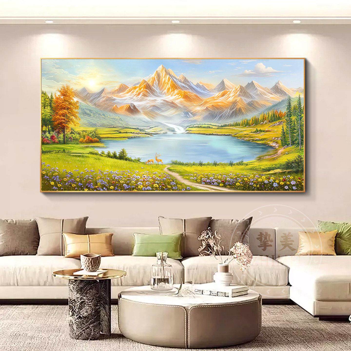 流水生财客厅装饰画聚宝盆山水画沙发背景墙挂画风景壁画2026新款