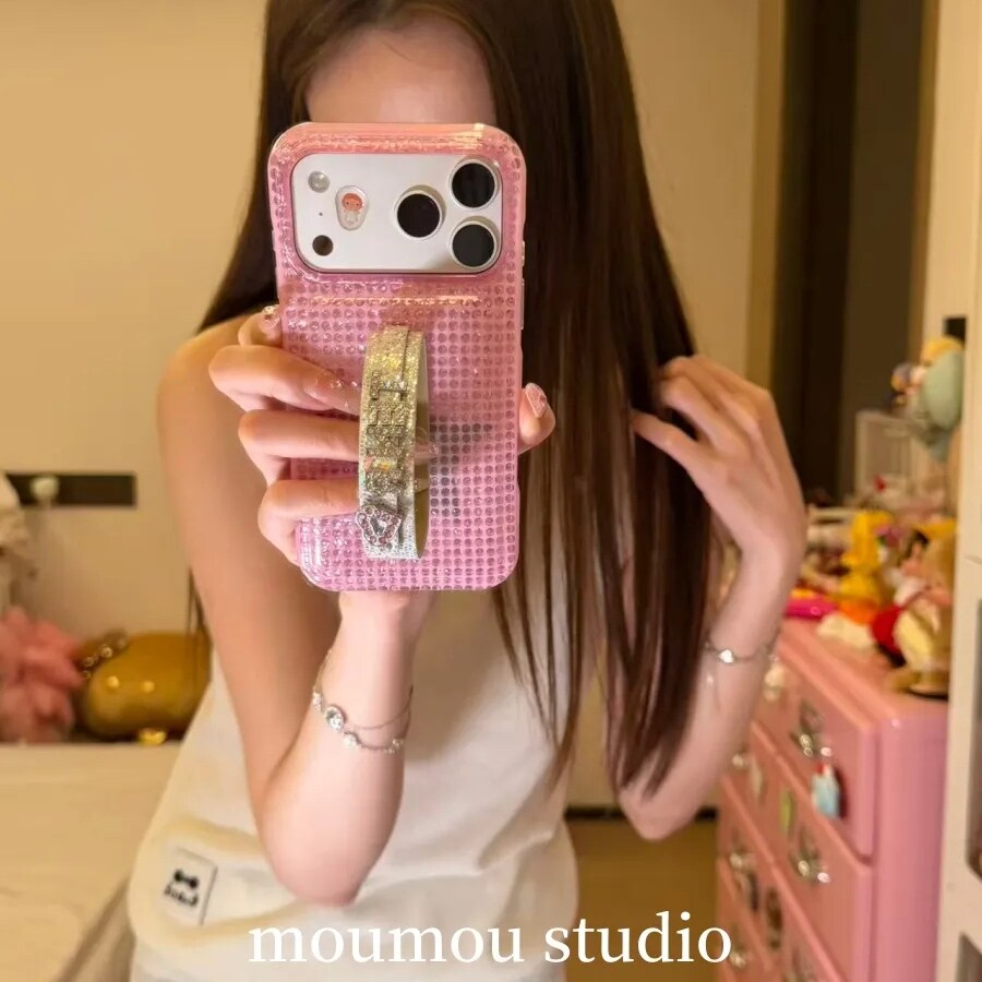 雨柠粉色水钻波点手腕带适用于iPhone17promax手机壳苹果16pro新款15个性创意日韩INS小众14防摔保护套