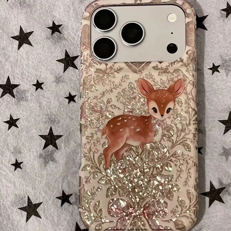 雨柠ins复古棕色闪钻碎花丛小鹿适用iphone17promax苹果16手机壳15卡通小清新日韩个性创意14防摔保护套
