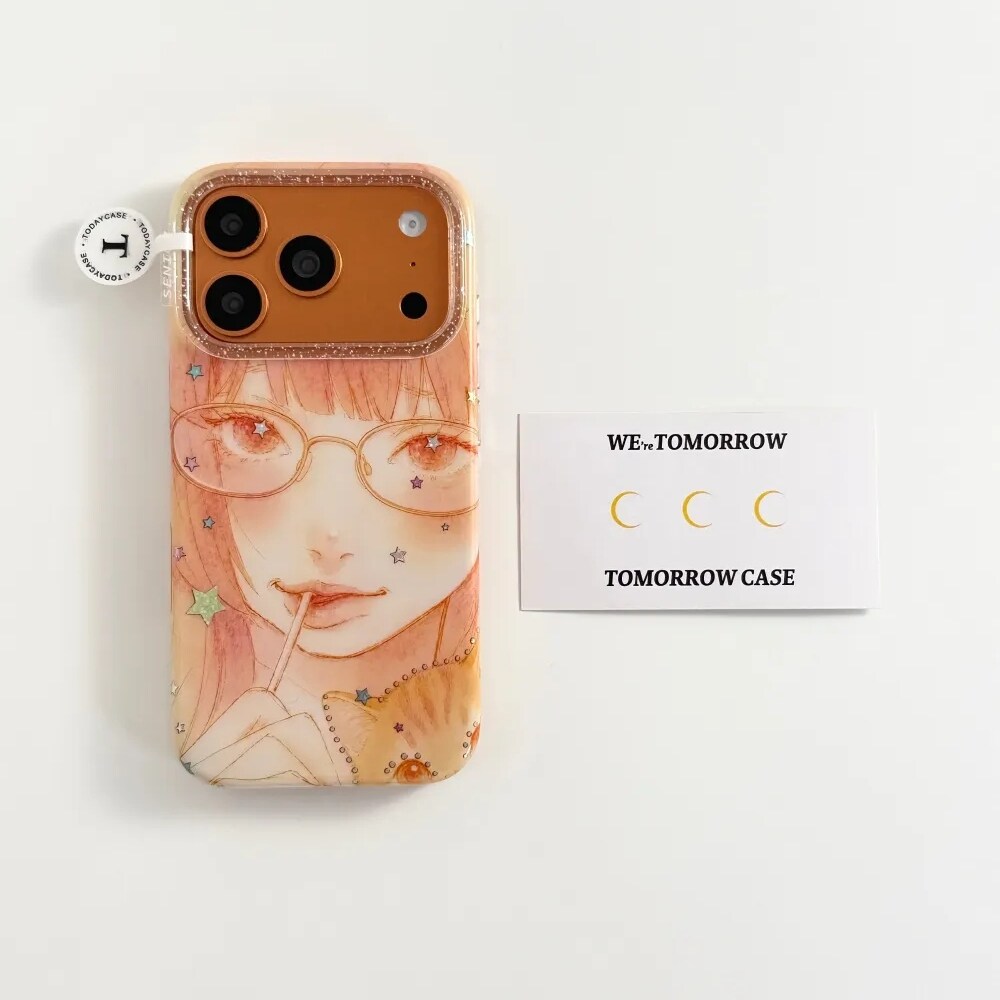 雨柠日系二次元棒棒糖女孩适用苹果17promax鎏金iphone16可爱15手机壳 · 鎏金星星棒棒糖橘发女孩防摔保护套