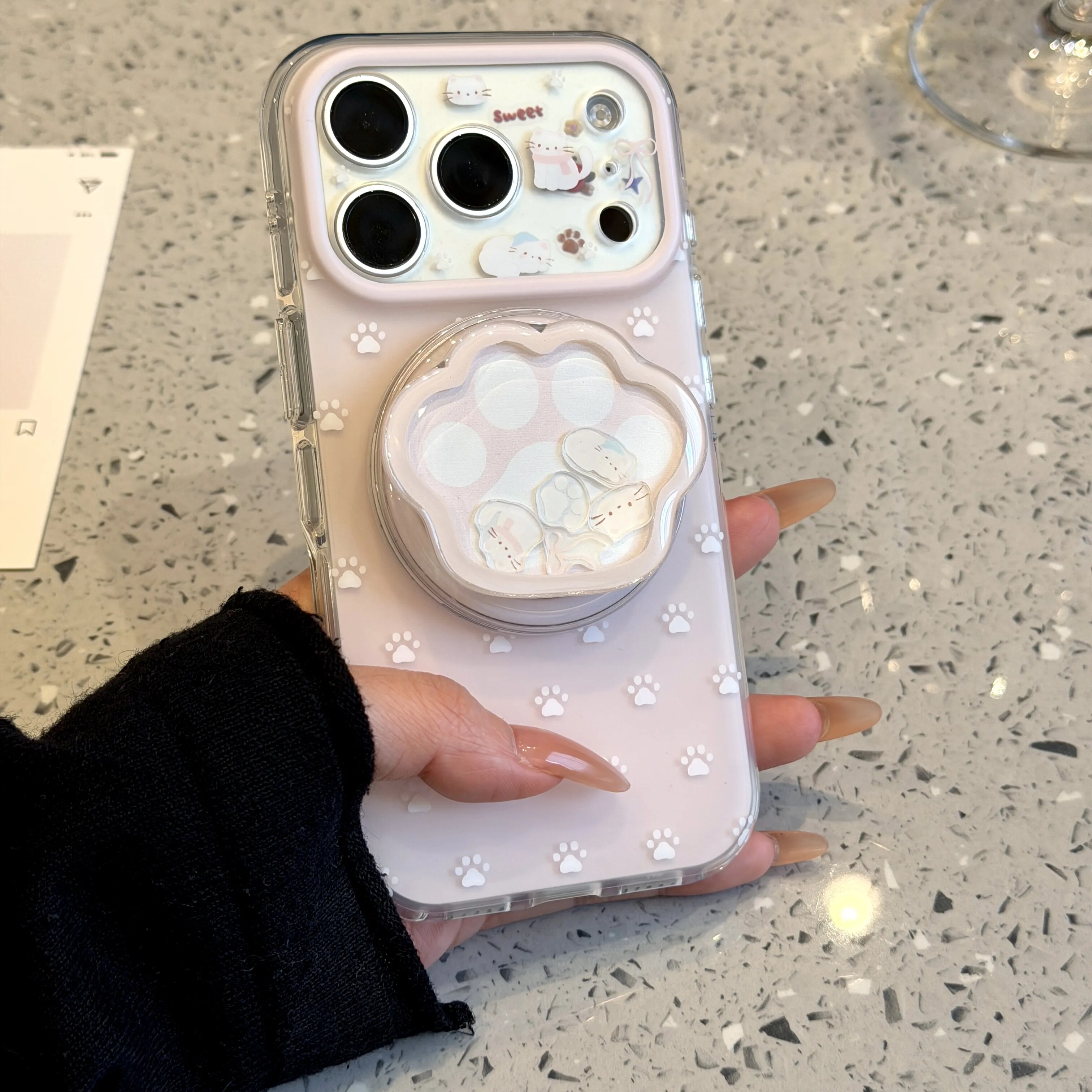 雨柠甜系粉底白色爪印小猫镜框磁吸适用于iphone17promax新款小清新苹果16小众简约15可爱14防摔保护套