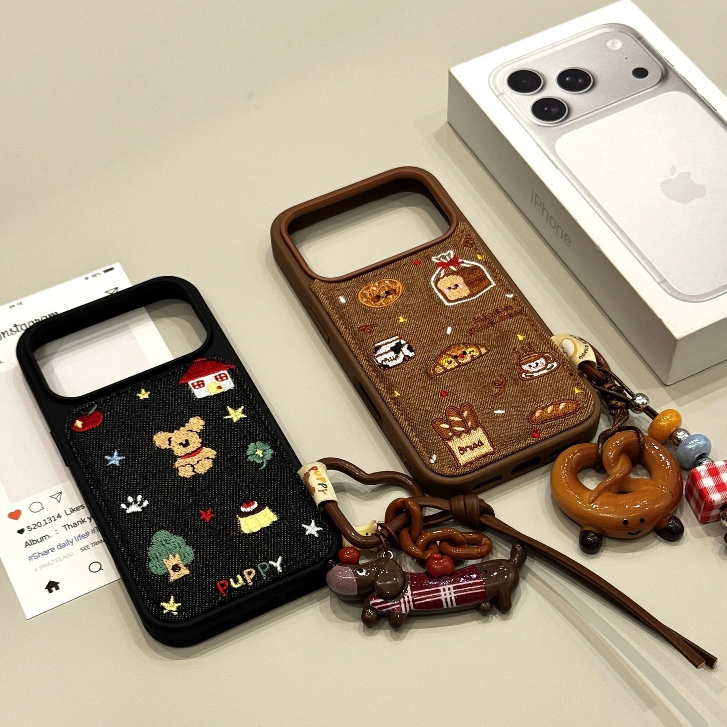 雨柠复古萌系甜品小狗水面包适用iphone17promax苹果16手机壳15新款14 · 棕框甜品水面包咖啡牛奶防摔保护套
