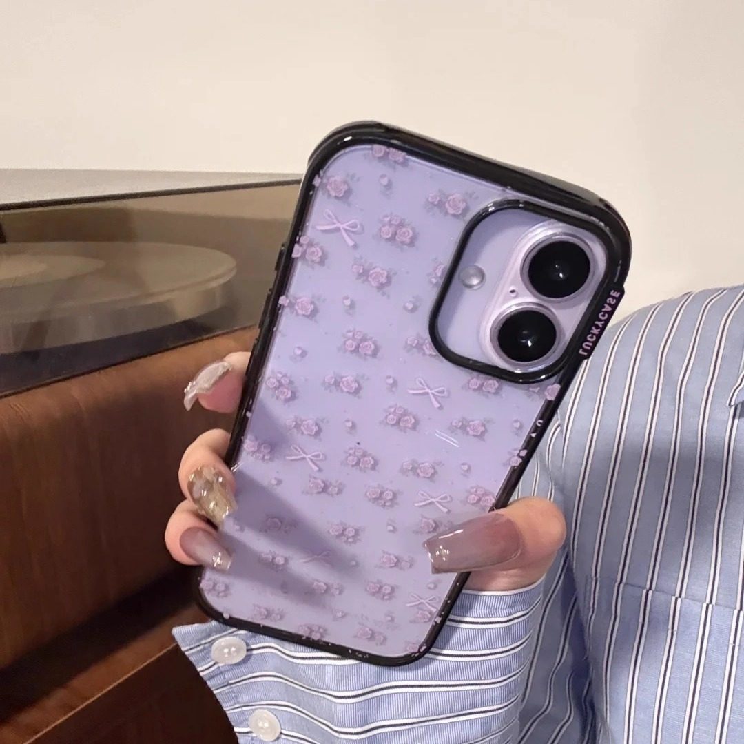 雨柠韩系ins黑边透明紫色碎花手机壳17promax手机壳16pro保护iphone15手机壳17pro防摔保护套