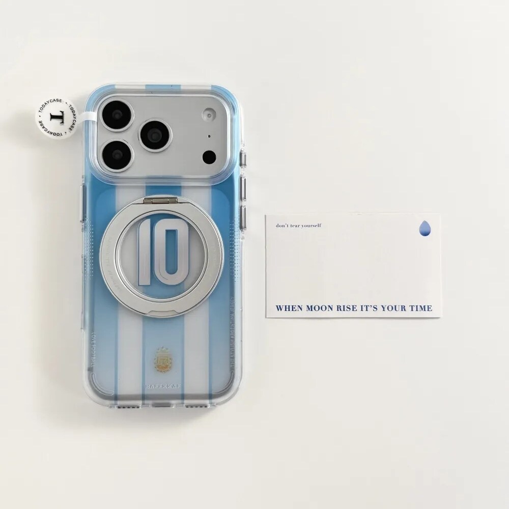 雨柠360支点支架蓝白条纹10号适用苹果17pro双层iphone16鎏金手机壳15个性创意日韩卡通14防摔保护套