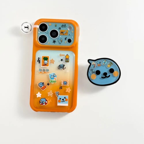 雨柠可爱半透晕染蓝橙酷儿适用苹果17promax全包iphone16支架手机壳15卡通日韩INS个性创意14防摔保护套
