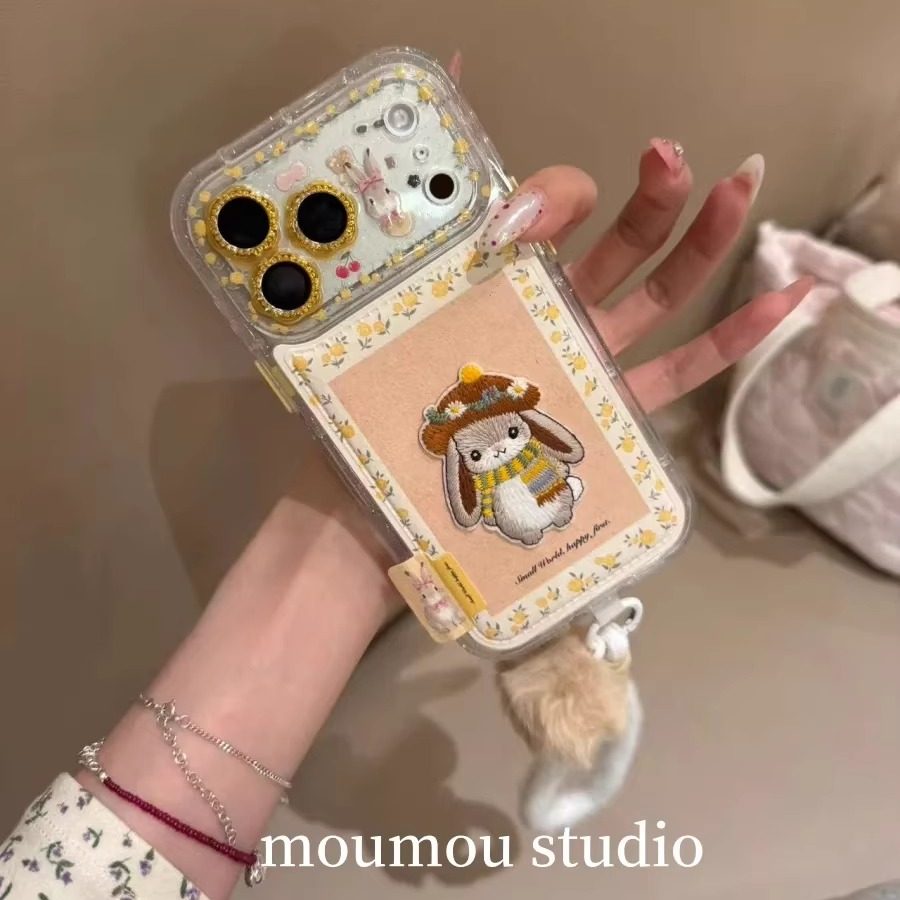 雨柠可爱黄色花朵刺绣兔子适用于iphone17promax新款苹果16pro手机壳15卡通日韩ins14全包防摔保护套