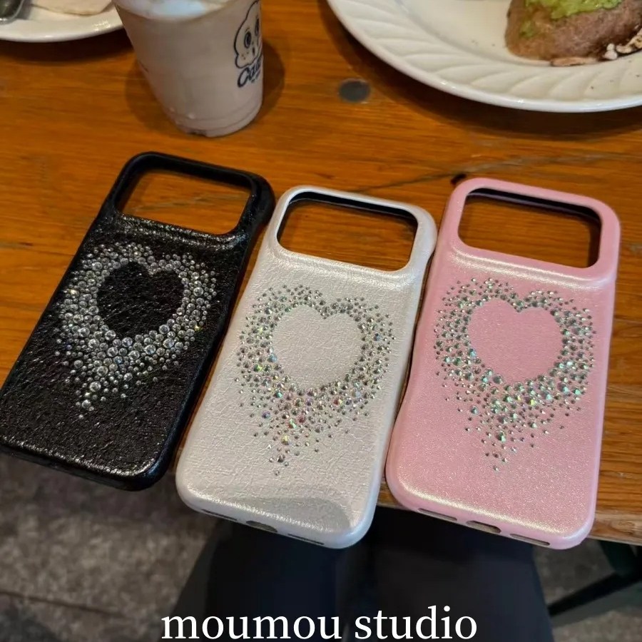 雨柠高级感ins爱心碎钻皮纹适用于iphone17promax苹果16pro壳防摔15 · 14 白壳防摔保护套