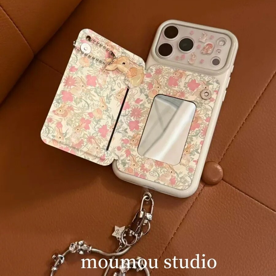 雨柠韩系花朵小兔翻盖镜面适用于iPhone17Promax新款苹果16手机壳15卡通日韩小清新可爱INS14防摔保护套