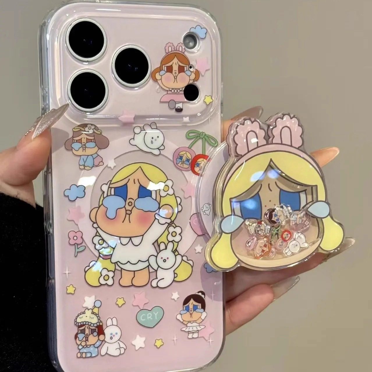 雨柠韩系粉底围边哭泣娃摇摇乐磁吸适用iphone17promax苹果16手机壳新款15卡通可爱14全包边防摔保护套