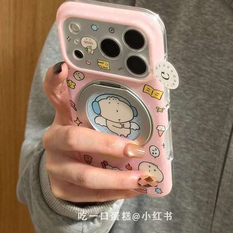 雨柠粉底蓝格纹圈面包小人支架适用17promax手机壳iphone16新款15卡通日韩INS可爱14防摔保护套