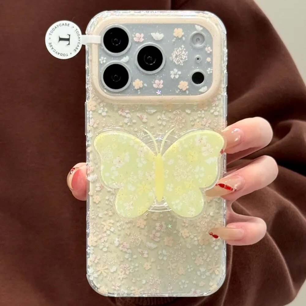 雨柠韩系ins满屏碎花蝴蝶适用适用苹果17pro支架iphone16双层4手机壳15小清新日韩14防摔保护套