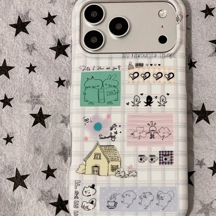 雨柠ins古早涂鸦小动物房子插画适用iphone18promax苹果17手机壳16卡通日韩个性创意可爱15防摔保护套