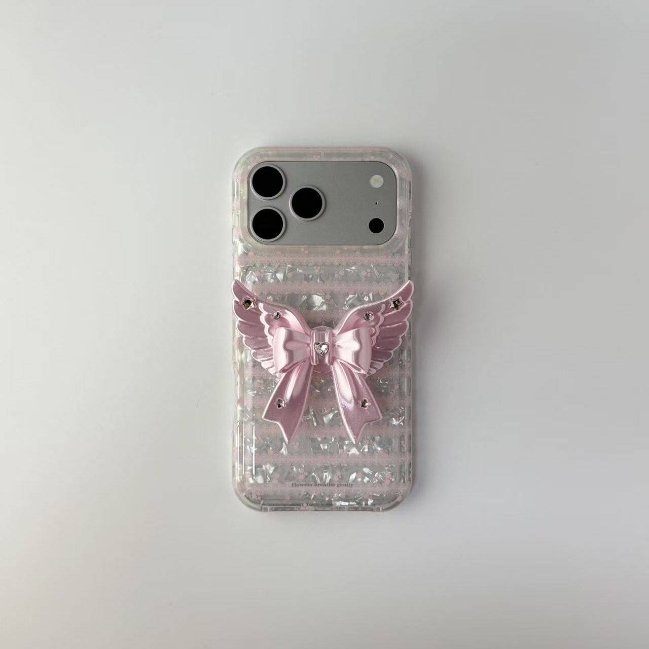 雨柠粉银条纹立体粉色蝴蝶结个性创意简约日韩INS适用iPhone17Promax新款苹果16手机壳15防摔保护套
