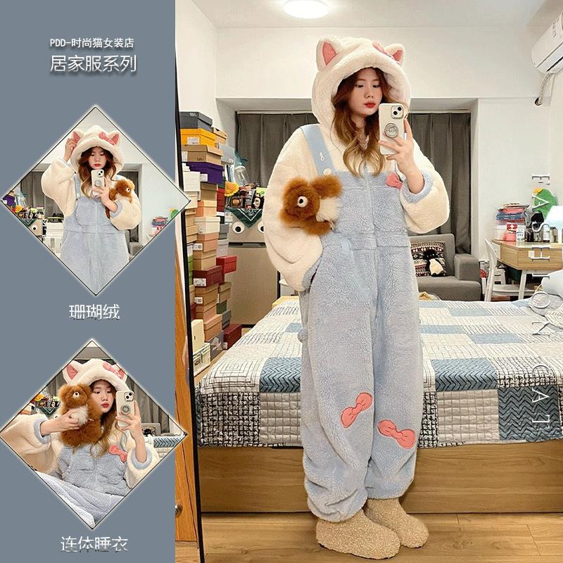 卡通可爱连帽珊瑚绒连体睡衣女冬季加绒加厚新款保暖居家服睡袍冬