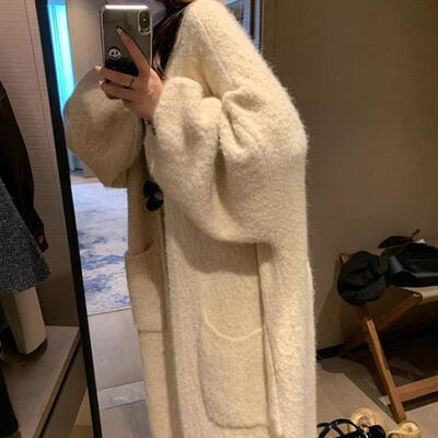 韩系软糯高级感慵懒风中长款针织开衫女秋冬加厚宽松毛衣外套大衣