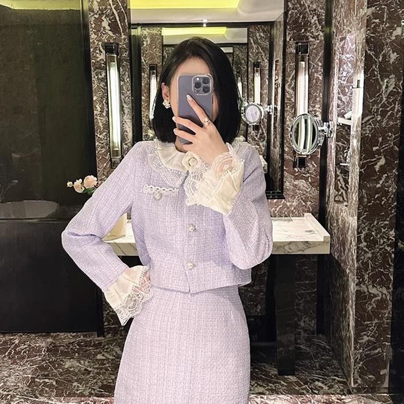 法式气质富家千金小香风套装裙女娃娃领短外套高腰半身裙两件套