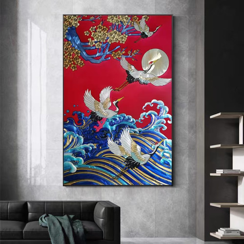 新中式珐琅彩仙鹤玄关挂画定制