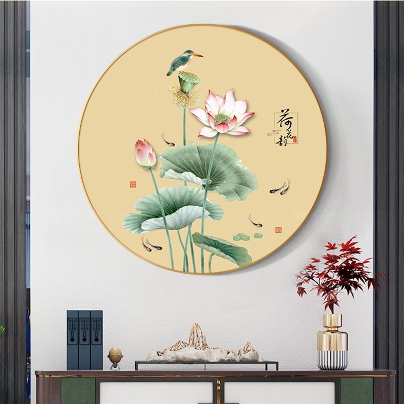 新中式入户玄关装饰画客厅沙发背景墙壁画荷花圆形山水画茶室挂画图片