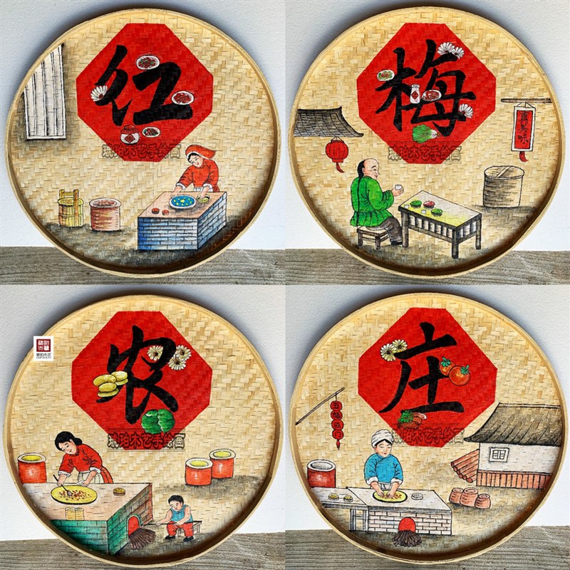 圆形竹编簸箕手绘画墙壁挂饰农庄饭店餐馆壁饰特色手工艺品装饰画图片