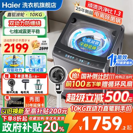 海尔双动力洗衣机全自动家用波轮10公斤直驱防缠绕一级官方正品